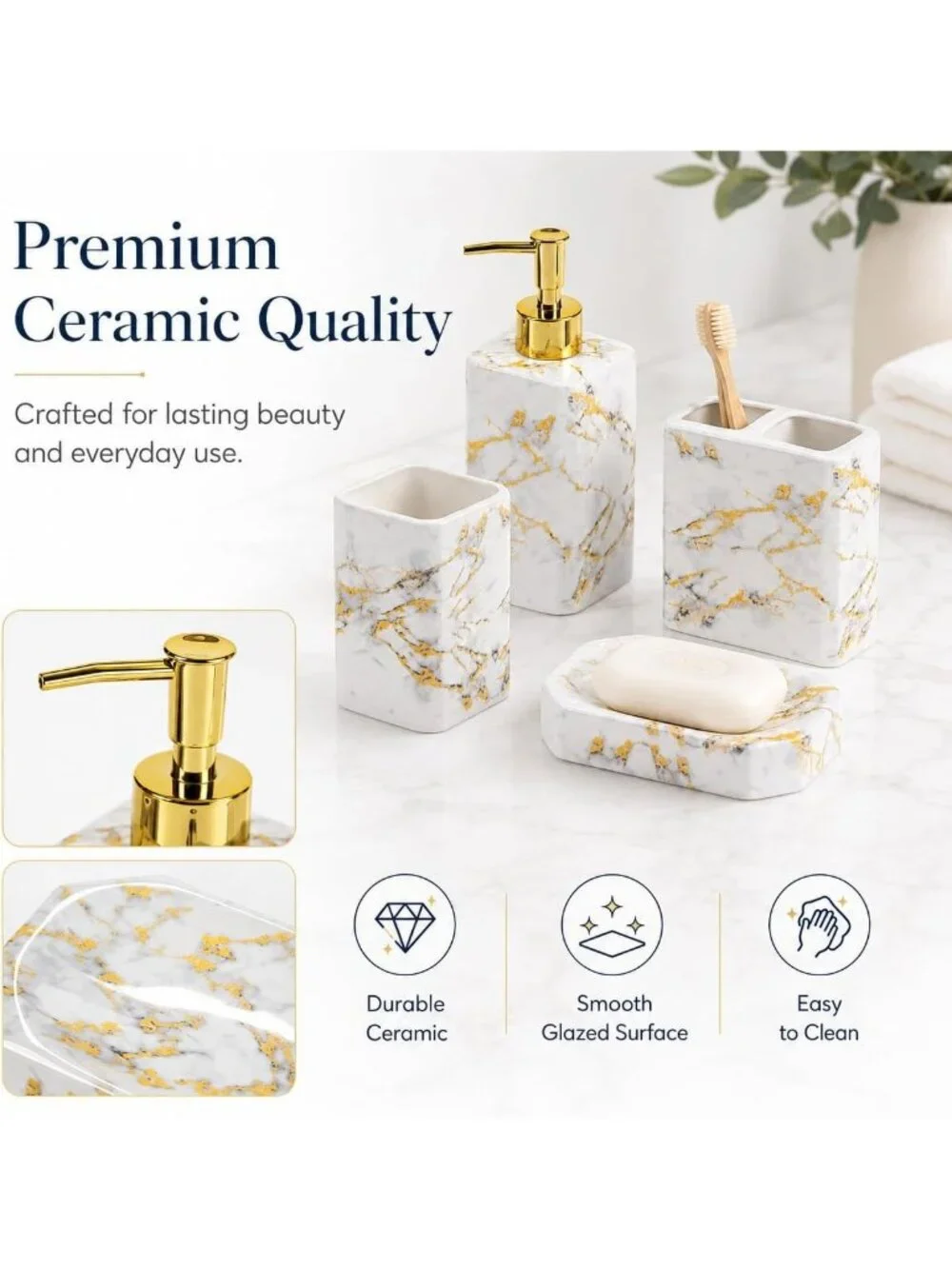 Elegant 4-Piece White Bathroom Accessory Set - Lotion Dispenser, Toothbrush